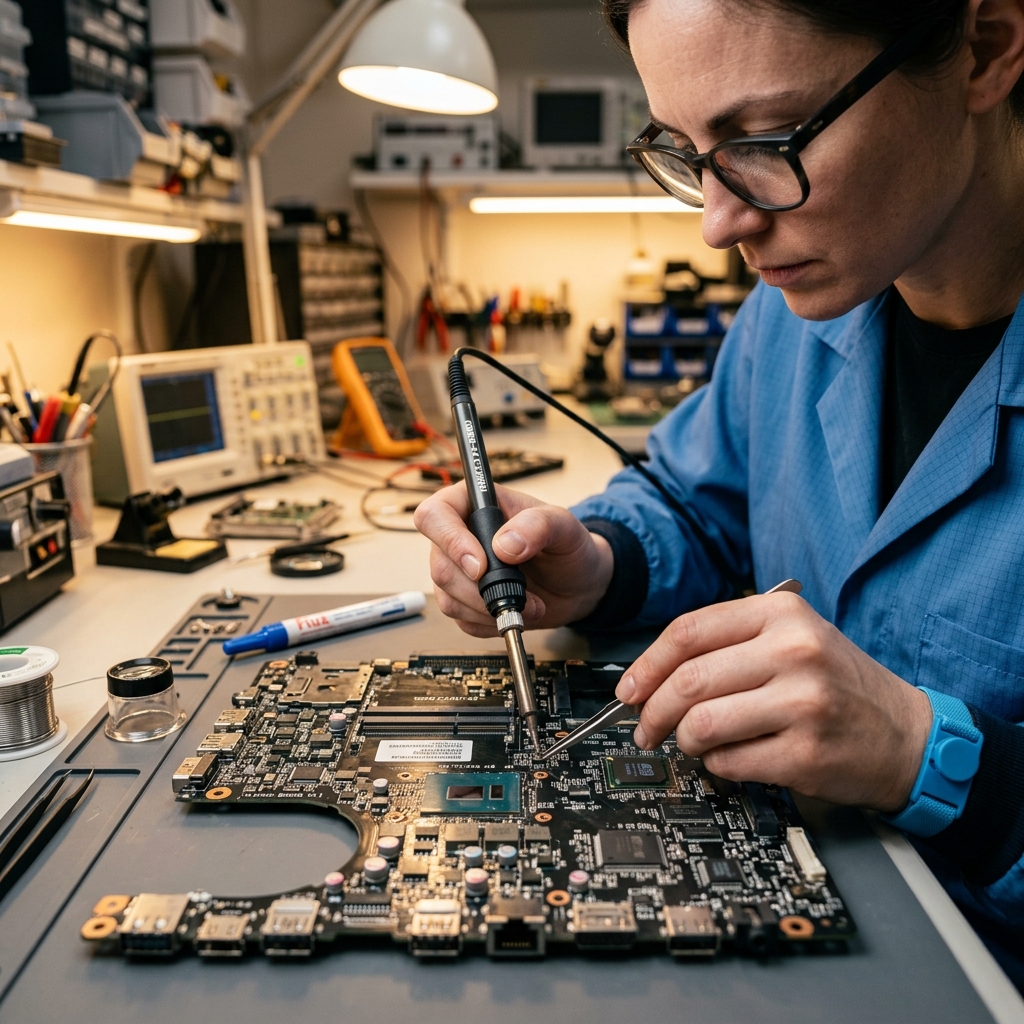 Technician repairing motherboard circuit board